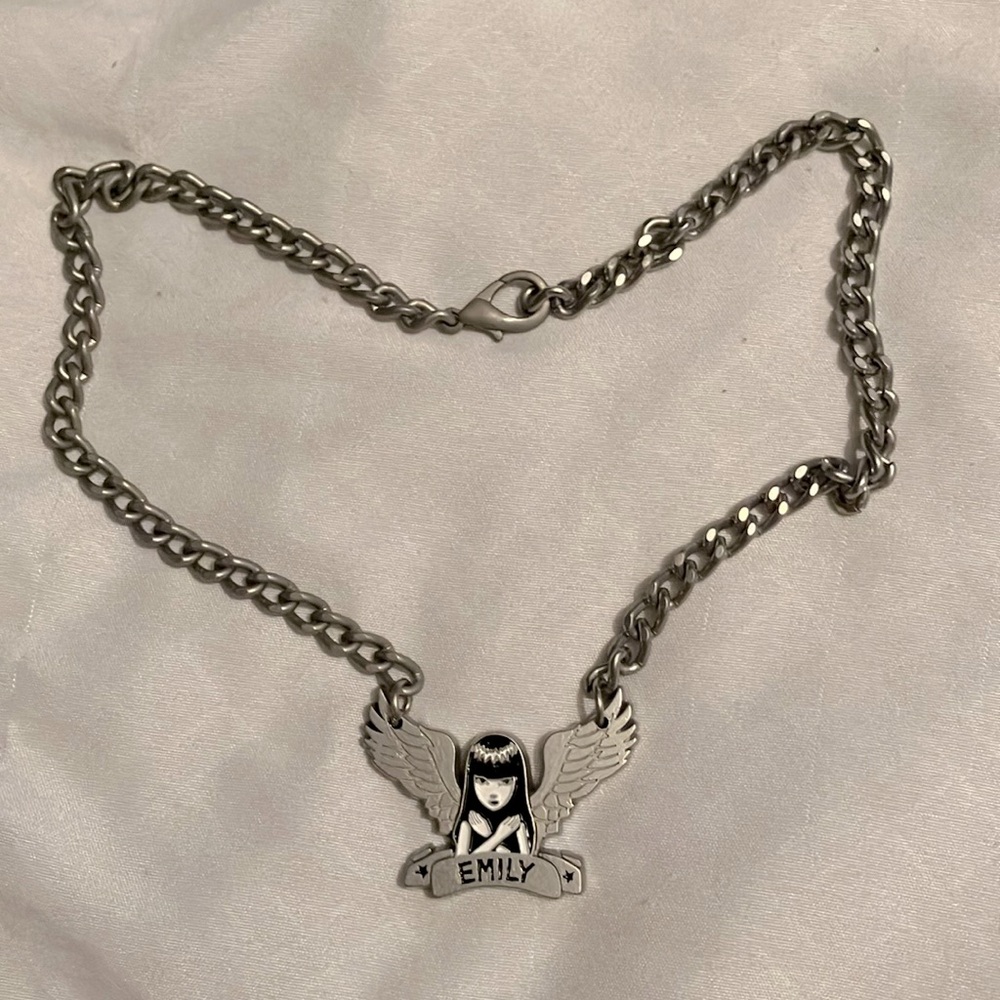 Emily the Strange necklace Hot Topic Stainless Steel Winged Nameplate Silver